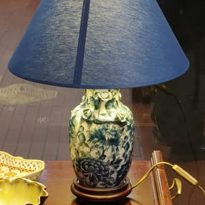 Blue and white porcelain table Lamp Chrysantemum Porcelain flowers Blue lampshade Accent lamp Mantel decor Floral Flowers Romantic Asian art