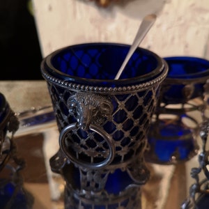 Antique French Sterling Silver Condiment Set Serving Tray Cruet Cobalt ...