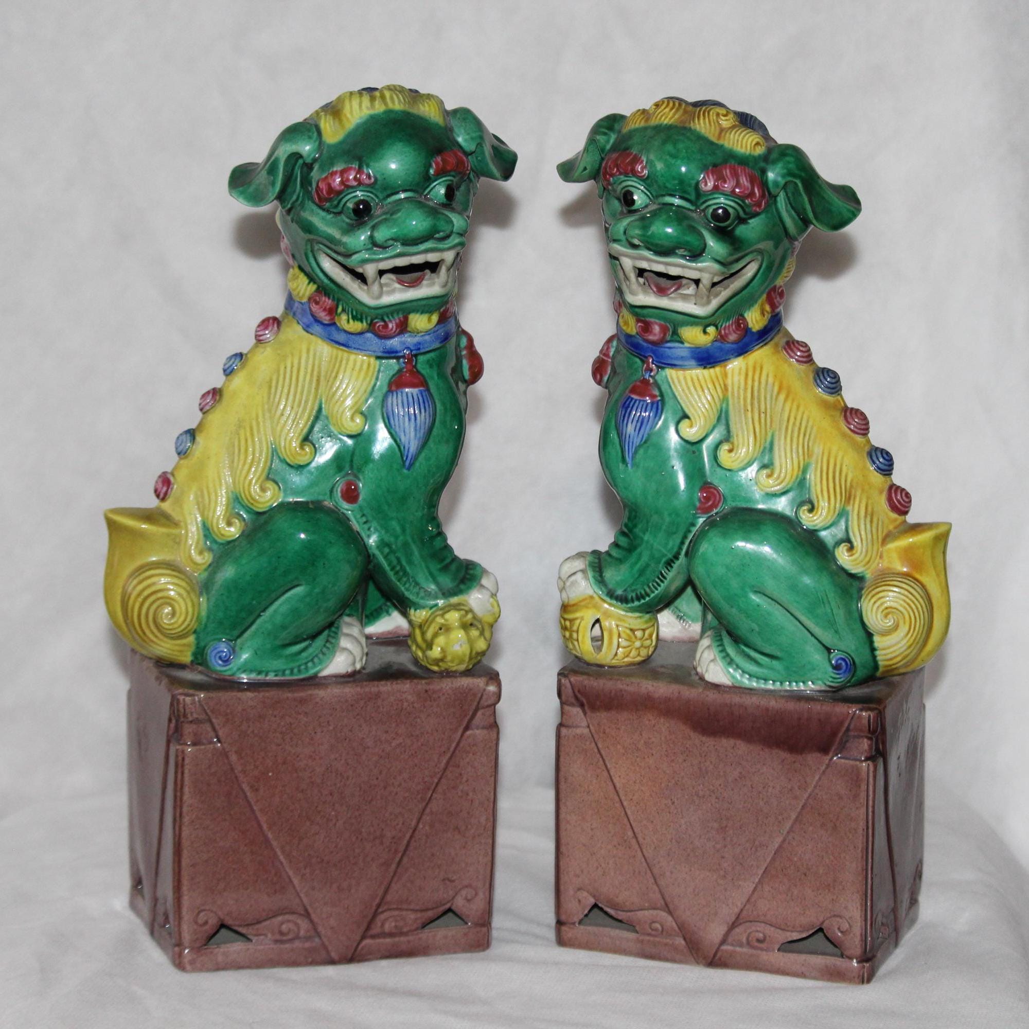 大型中国風福犬像 黄緑犬 ギフト 犬置物 風水 陶器 守護寺 福犬 守護
