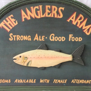 Vintage wood sign Fish wall decor The Anglers Arms British pub decor Fish wall art Bar decor Men cave Advs Garage loft Strong ale Good food