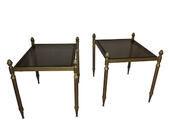 PAIR French Side Tables Rectangular Smoked glass Top Gilt brass base Bedside table Nightstands Sofa End table Cocktail table Coffee TABLE