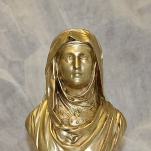 Virgin Mary statue Bronze sculpture SIGNED Immaculate heart of Mary Our Lady Religious decor Christian church Divine faith God Holy light