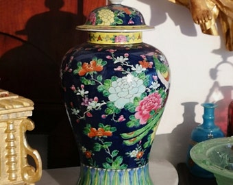 PAIRE de grands vases japonais antiques vase en pot de gingembre Vase décoratif Décor oiseaux Fleurs florales en céramique Bleu vert Décor de cheminée Vase à fleurs Art