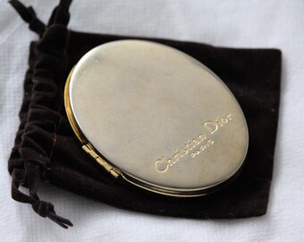 Vintage Christian Dior Paris Oval Compact Pocket Mirror Gold Metal