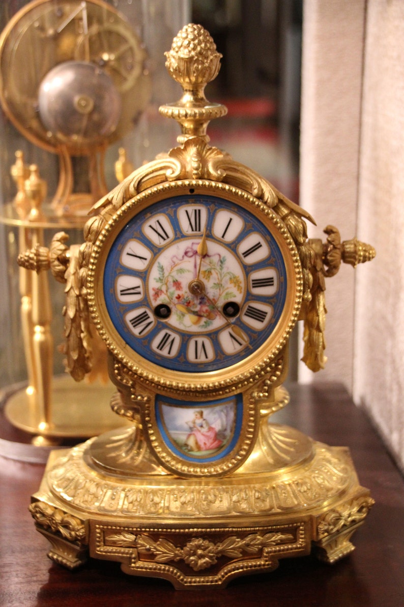 Pendulum Clock Antique Mantel Clock Golden Clock Gold Blue Etsy