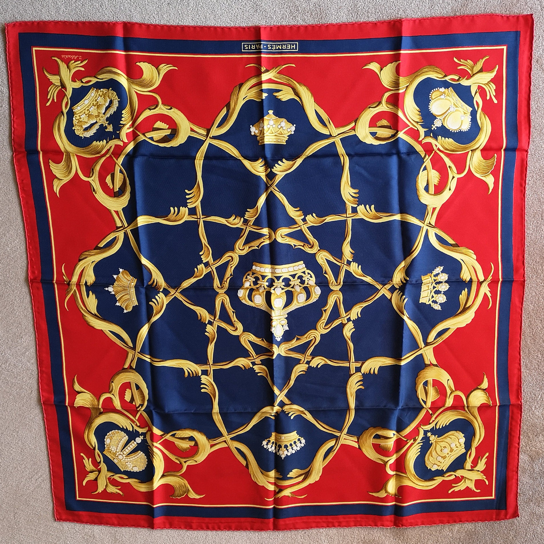 Hermes silk scarf Gold Crown decor Gold scarf Red scarf Red Square silk scarf Gift for her Christmas gift Fashion accessories