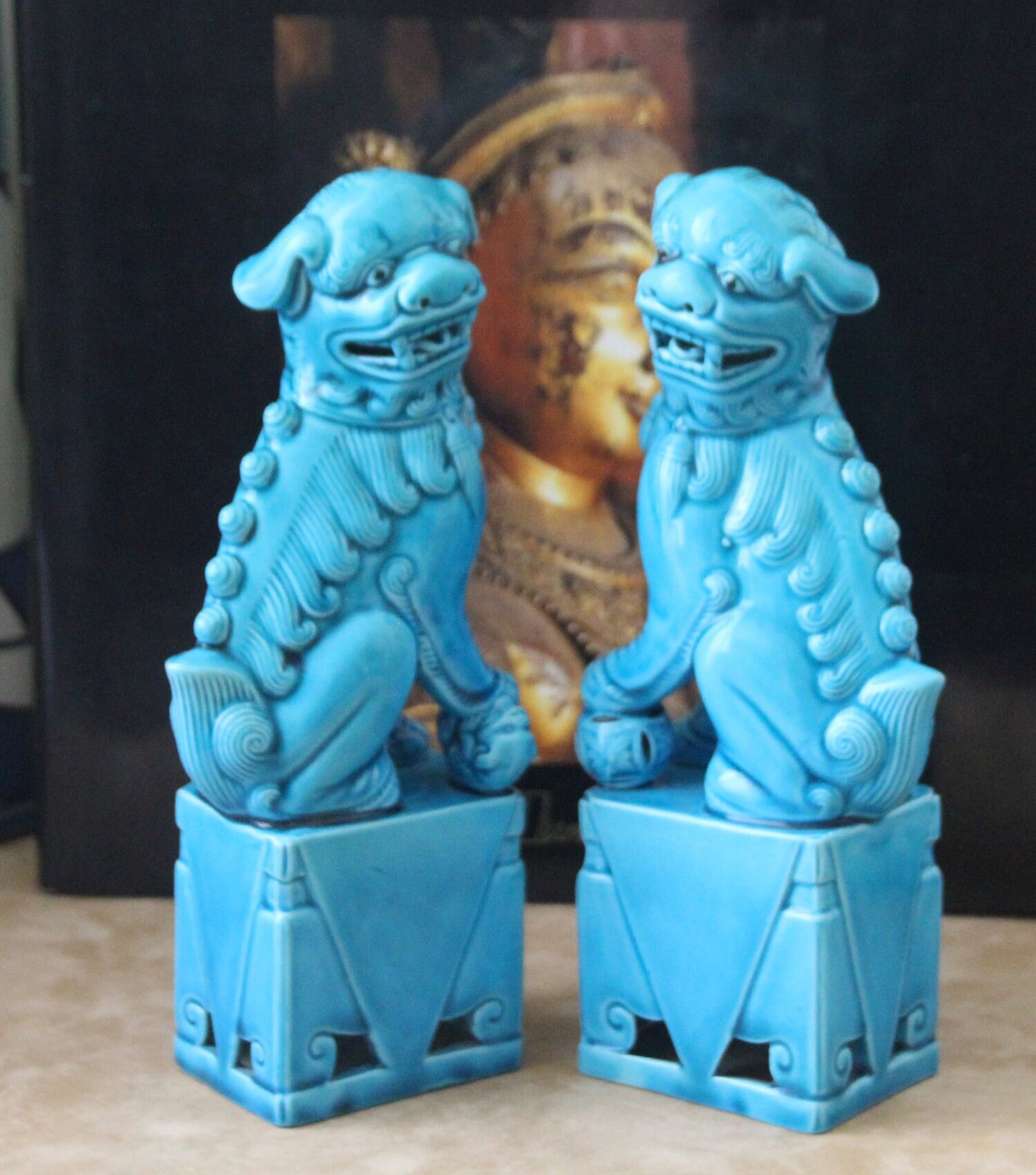 中国の福犬像 ターコイズ 犬のギフト 犬の置物 風水 陶器 保護寺院 福