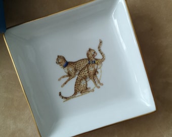 Plato para baratijas de porcelana de guepardo, bandeja para alfileres, plato de porcelana de París, soporte para joyas de oro blanco