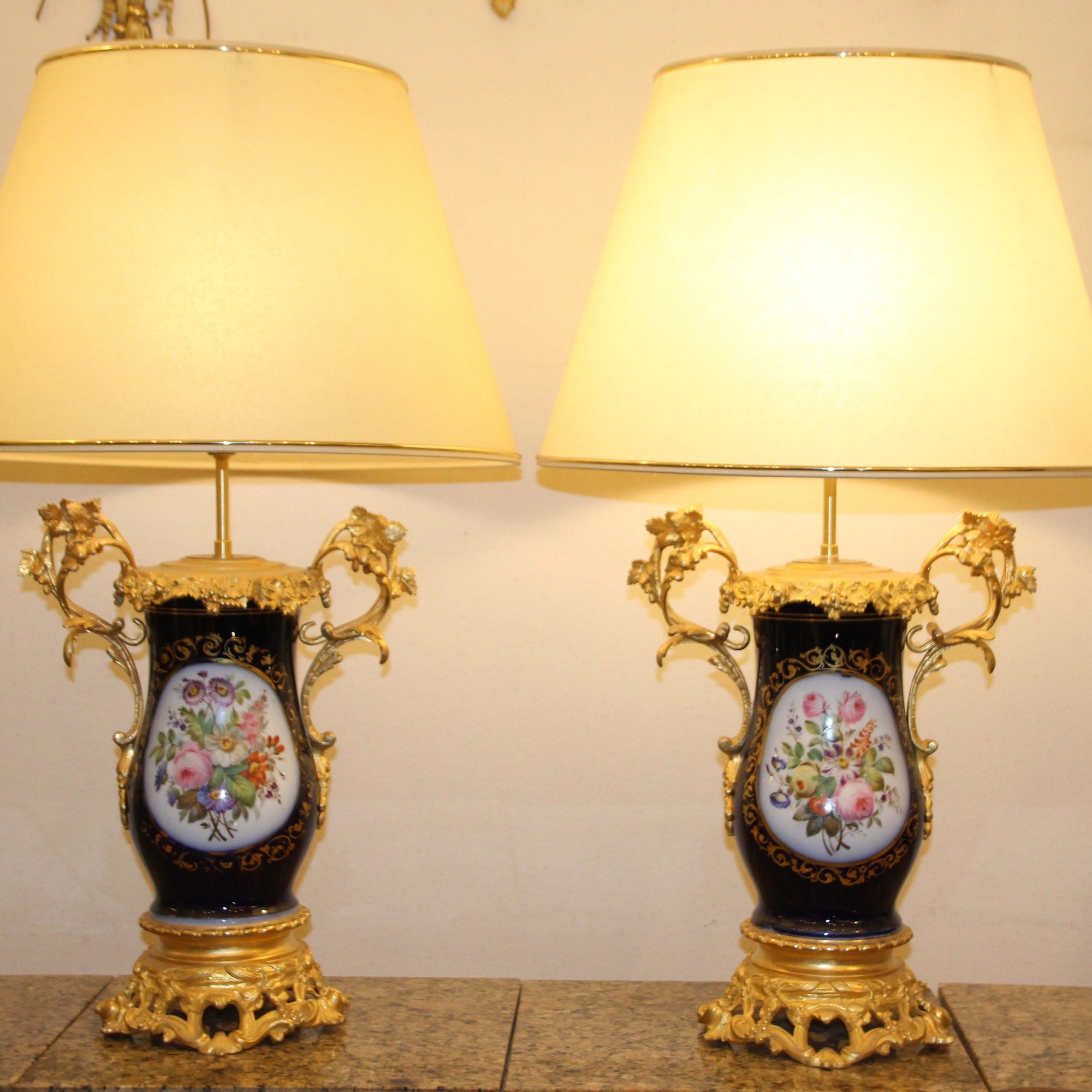 Pair Of Sevres Style Vieux Paris Bronze Mounted Lamps Cobalt Vieux Paris Bronze Mounted Lamps Cobalt, Antique Porcelain Flower Lampshade