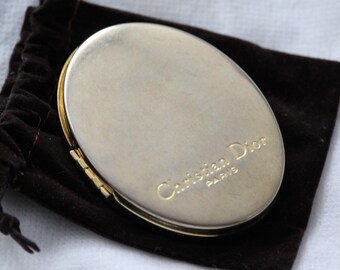 Vintage Christian Dior Paris Oval Compact Pocket Mirror Gold Metal