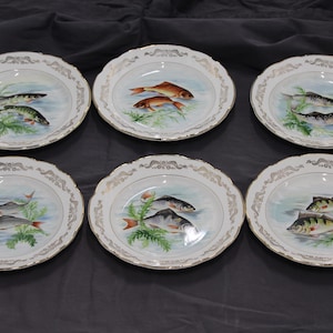 Gilt porcelain fish plate French vintage Round Signed Wall plate Set of 6 Decorative plate Handpainted Fish decor Fisher gift