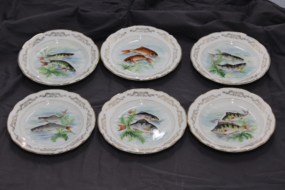 Fisch-Teller Set von 6 Vergoldeter Porzellan Zierteller-Fischdekor-Fisker
