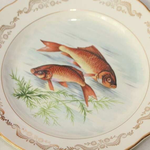 Fisch-Teller Set von 6 Vergoldeter Porzellan Zierteller-Fischdekor-Fisker