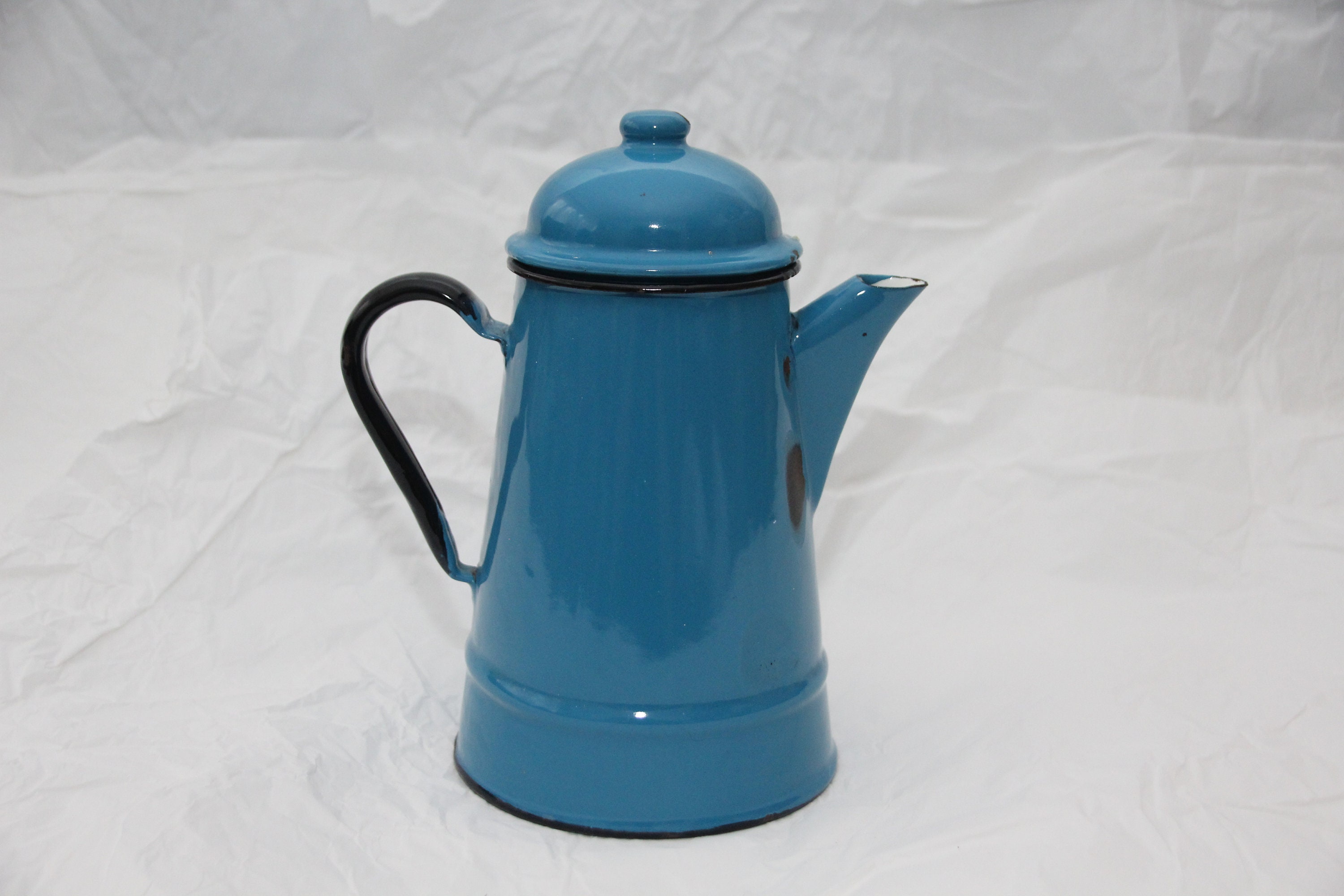 Vintage Bouilloire en Émail Bleu Turquoise Cafetière Théière Bleue Ferme Rustique Émaux Décoration d