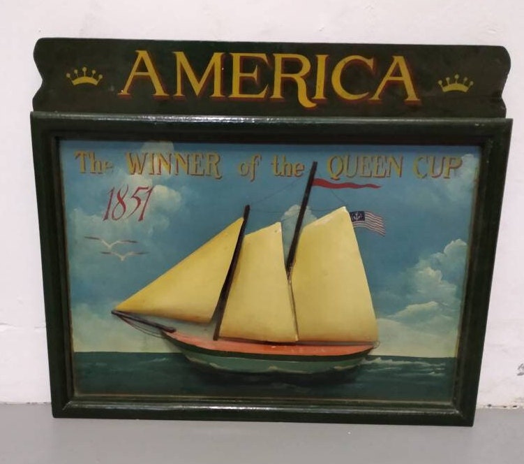 Signe en Bois Signboard Ship Sign Queen Cup America Cup Race Collectibles Décor de Mur Navire Peintu