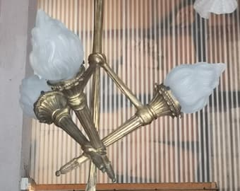 Gold Gothic Torch Ceiling Light Gilt Bronze Molded Glass