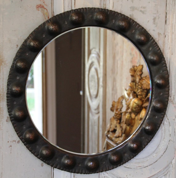 French Vintage Round Hammered Copper Mirror