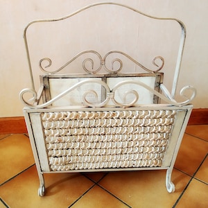 White forged iron Magazine holder Newspaper Paper holder Home organization Storage basket White home decor White magazine rack Metal Vintage