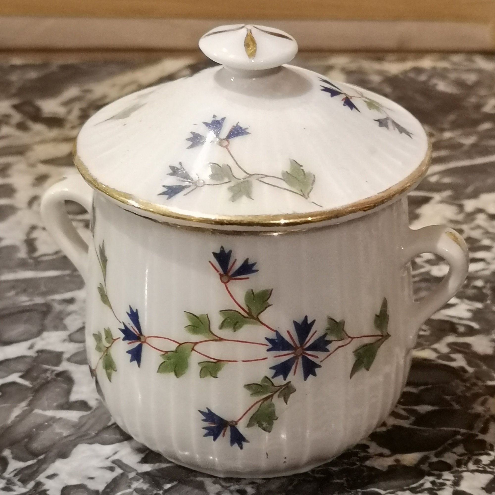 Vieux Paris Porcelaine Pot à Crème Ensemble de 12 Marie Antoinette Plateau en Porcelaine Cornflower 