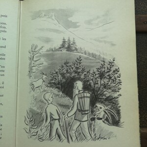 May include: A black and white illustration of a man and a boy walking through a forest with a goat. The man is carrying a basket on his back and the boy is holding a stick. The goat is looking at the camera.