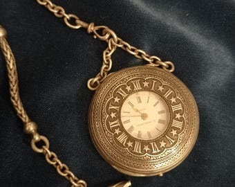 Sterling silver pocket watch with silver chain France 19th century Mechanical Jewelry