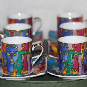 French porcelain coffee set Coffee cups saucers Multicolor porcelain Gold porcelain cup and saucer Gift for her Wedding gift Gold cup Yellow