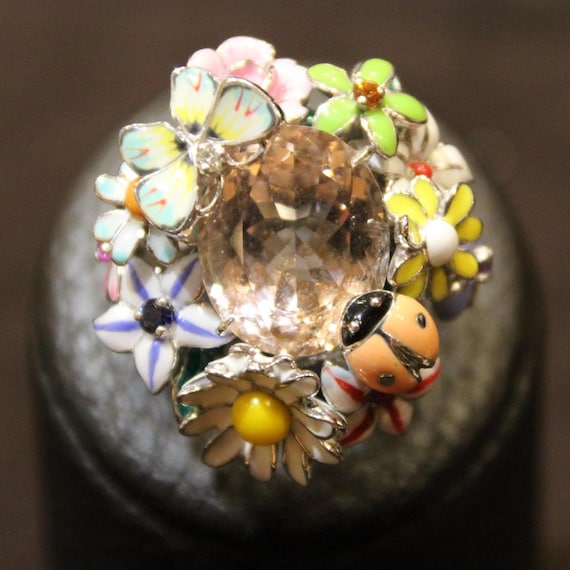 Dior Diorette Flower Ring 18K Gold Diamond Butterfly Decor Ladybug