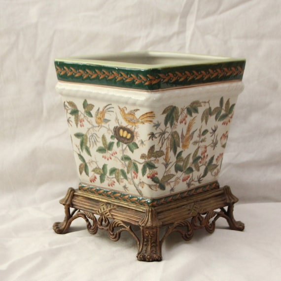 Large Gold Centerpiece Vase Planter Birds decor Nest Flowers Floral