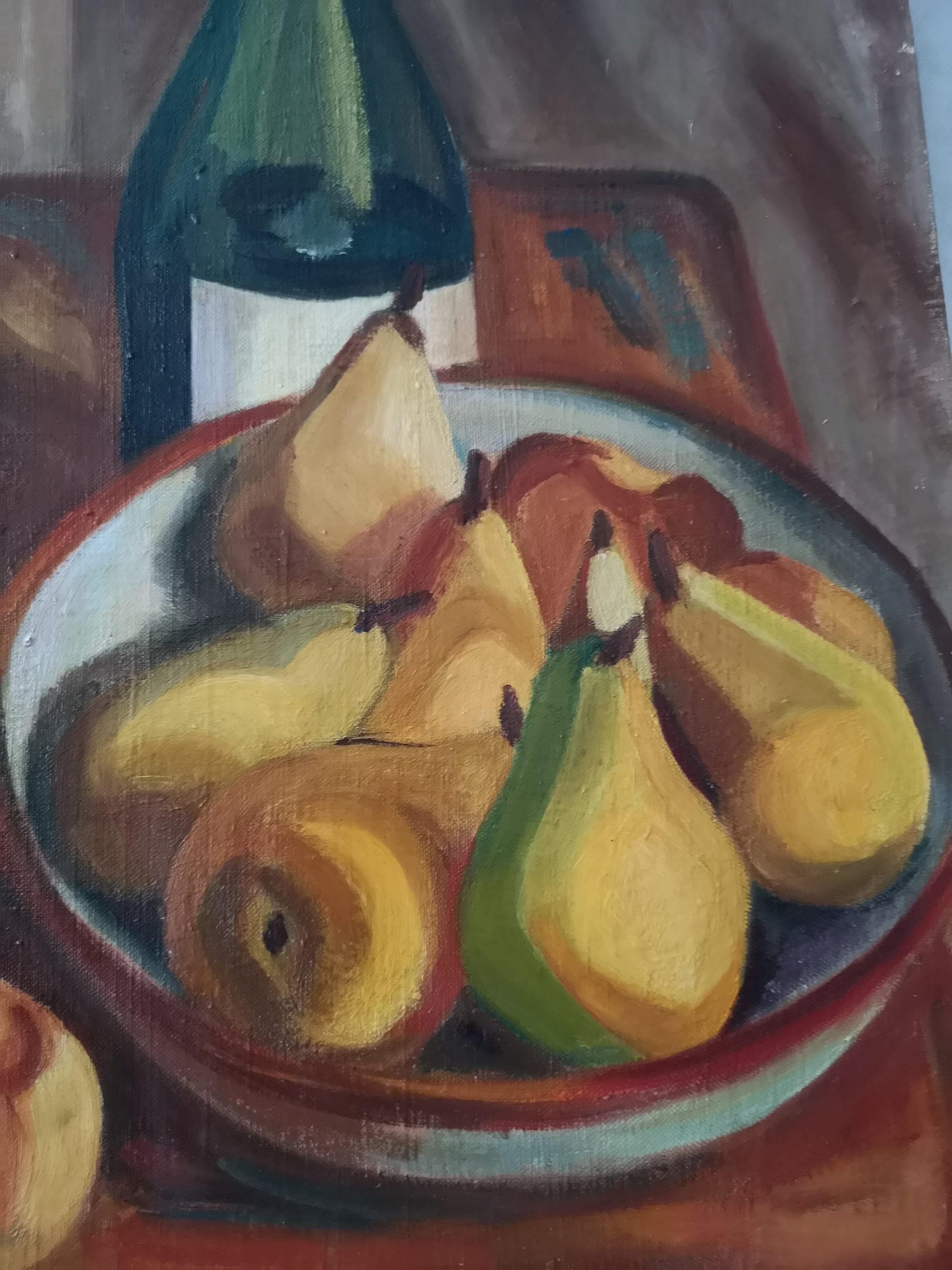 静物画 油彩画 時計とワインボトル　20号 ヴィンテージ静物油絵：ピッチャー、リンゴ、ナシ、サイン入りアート
