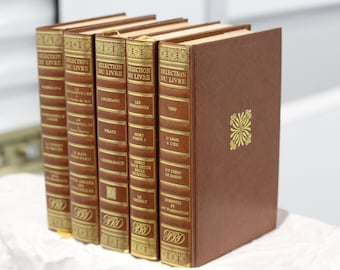 Libro francés vintage de tapa dura marrón con decoración dorada