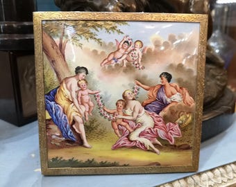 Miniatura vienesa austríaca de esmalte, pintura barroca, paisaje bucólico, Viena, Austria