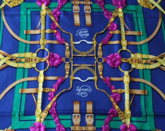 Collector Authentic Hermes silk scarf Blue silk scarf Gold Square scarf Purple silk scarf Green silk scarf Grand manege Christmas gift