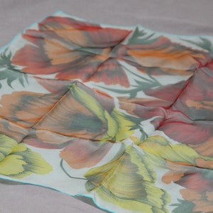 Poppy flower decor Silk scarf Pastel colors Orange Yellow Red Green White Made in France Signed Summer scarf Summer accessories