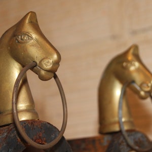 French antique bronze fireplace andirons Horseshoe Firedogs Horse head decor Fireplace tools Fireplace surround Naive decor Equestrian