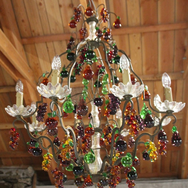 Large Multicolor chandelier Murano glass fruits Gold Light fixture Grapes decor Apple Yellow Green