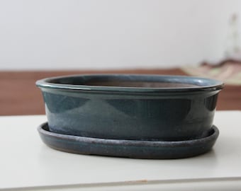 Japanese Blue Ceramic Bonsai Pot, Majolica Vase, Indoor Gardening