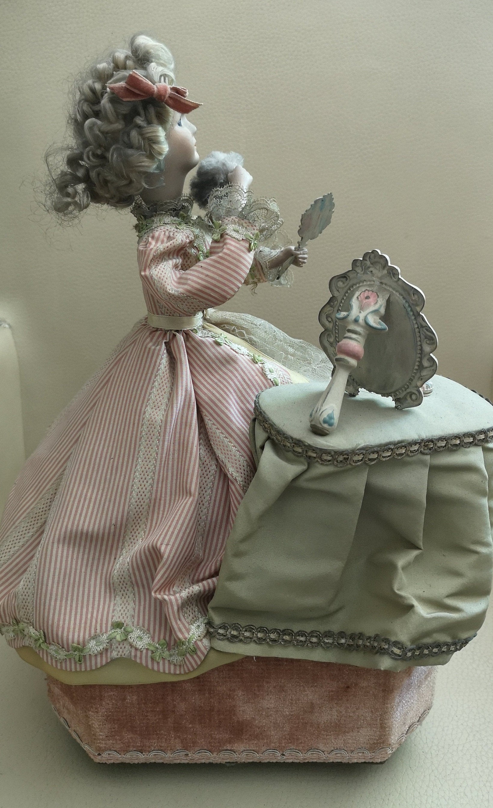 Victorian Lady Bisque Doll Music Box Make up Vanity Mirror