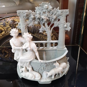 Romantic couple figurines Sheep Lambs Vase Woman Statue Planter Lady Sculpture Elegant  Soft paste porcelain Romantic decor Bisque statue