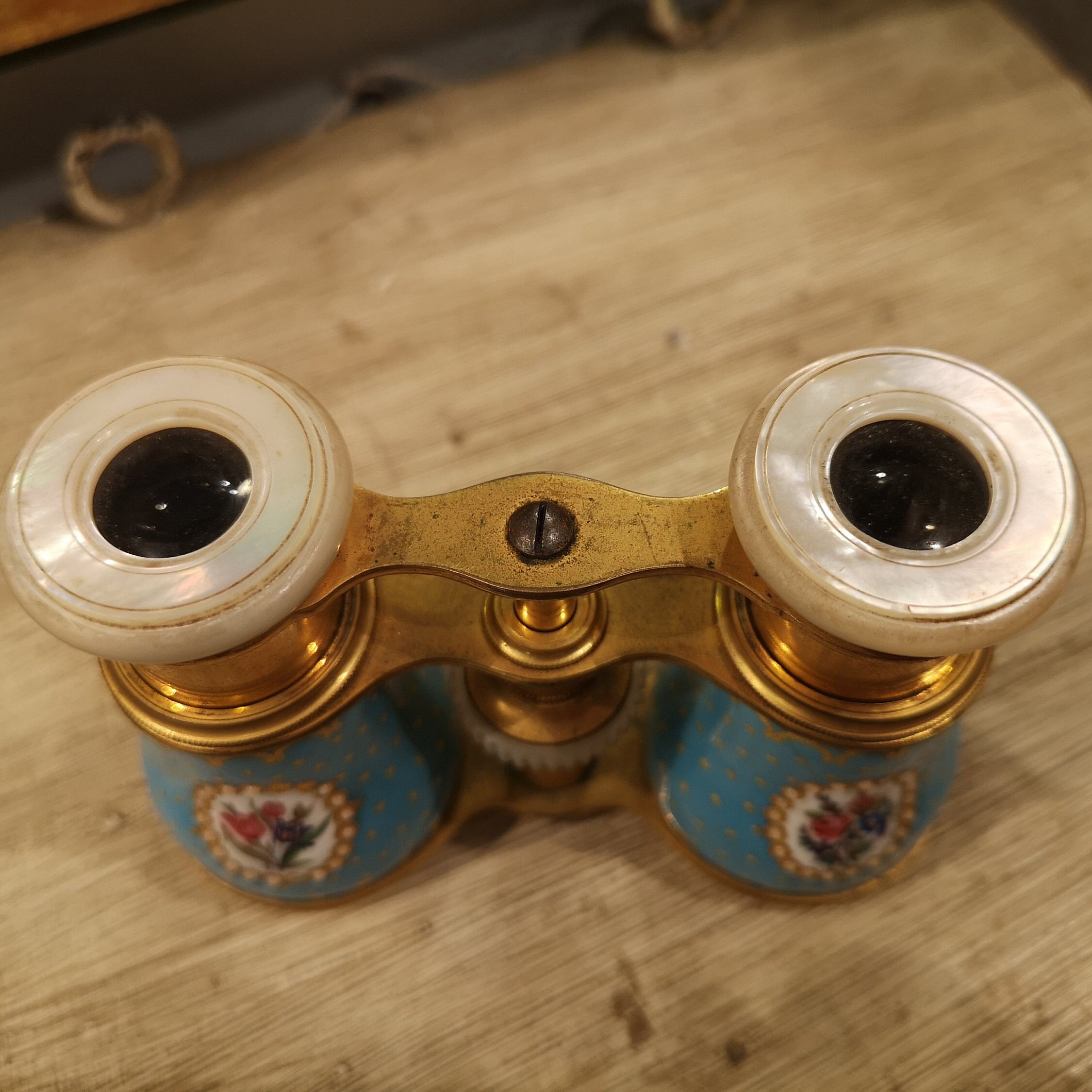 Jumelles De Théâtre Françaises Anciennes En Métal Bleu Ciel Et Or - Optique Claire
