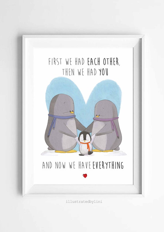 penguin family quote a4 gloss poster Print picture watercolour UNFRAMED