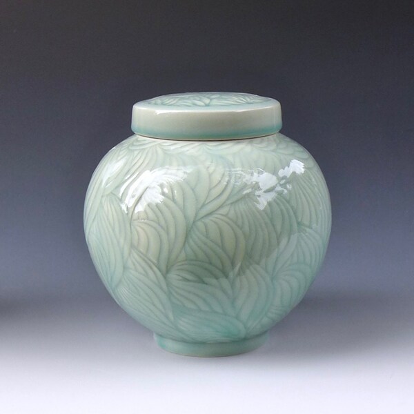 Elegant Hand Carved Turquoise Celadon Porcelain Covered Jar, Urn