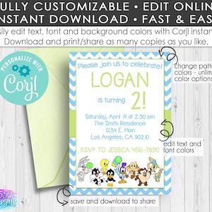 Blue Looney Tunes Birthday Invitation - Edit with Corjl/Bugs Bunny/Lola/Tweety/Taz/Road Runner/Birthday Invite/INSTANT DOWNLOAD 012