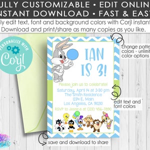 Bugs Bunny Looney Tunes Birthday Invitation/Edit with Corjl/Download and Print Instantly/Birthday Invite/Bugs Bunny/Taz/INSTANT DOWNLOAD