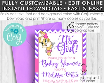 É uma menina! Convite para chá de bebê Looney Tunes/Totalmente personalizável/Lola Bunny/Pernalonga/Corjl/Convite para chá de menina DOWNLOAD INSTANTÂNEO 018