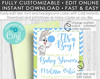 É um menino! Convite/edição para chá de bebê Looney Tunes com Corjl/Chuveiro/Pernalonga/Azul/Verde/Convite para chá de menino - DOWNLOAD INSTANTÂNEO 012