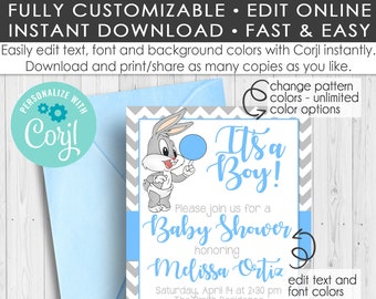 É um menino! Convite/edição para chá de bebê Looney Tunes com Corjl/Chuveiro/Pernalonga/Azul/Convite para chá de menino - DOWNLOAD INSTANTÂNEO 012