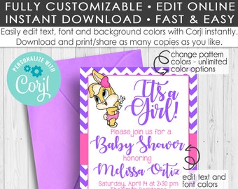 É uma menina! Convite para chá de bebê Looney Tunes/Editar com Corjl/Lola Bunny Shower/Pernalonga/Roxo/Convite para chá de menina DOWNLOAD INSTANTÂNEO 018