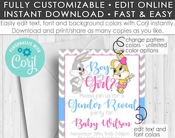 Convite para chá de bebê do Looney Tunes com revelação de gênero / Edição on-line / Lola Bunny / Pernalonga / Rosa / Azul / Cinza / Menino ou menina DOWNLOAD INSTANTÂNEO 013 012 018