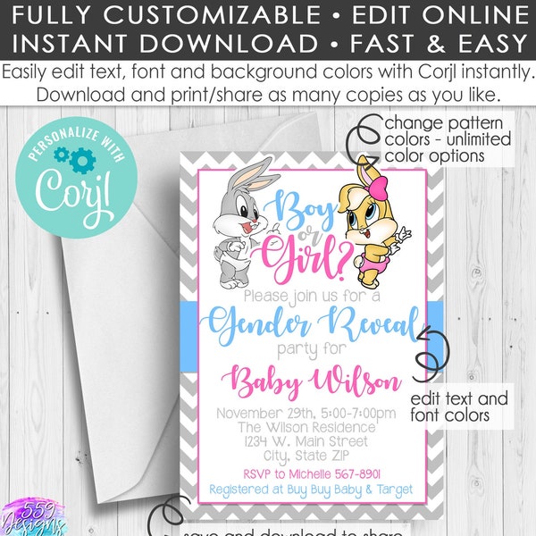 Gender Reveal Looney Tunes Baby Shower Invitation/Edit Online/Lola Bunny/Bugs Bunny/Pink/Blue/Grey/Boy or Girl INSTANT DOWNLOAD 013 012 018