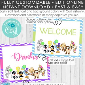 May include: Printable sign with a purple and white chevron pattern featuring a group of cartoon characters from the Looney Tunes. The sign says "Drinks" in pink text. The text "edit text, change font type and colors" is also included on the sign.